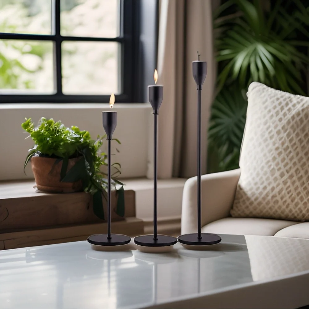 New West Elm Black Matte Boho Tapered Candlestick Candle Holders Decor Set of 3